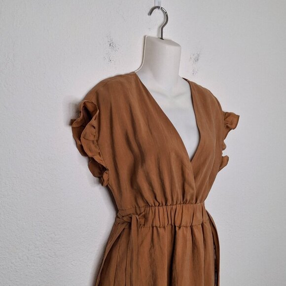 Zara Tie Waist Mini Dress Sz M Elastic Waist Safari Minimalist Neutral Boho - Picture 4 of 16